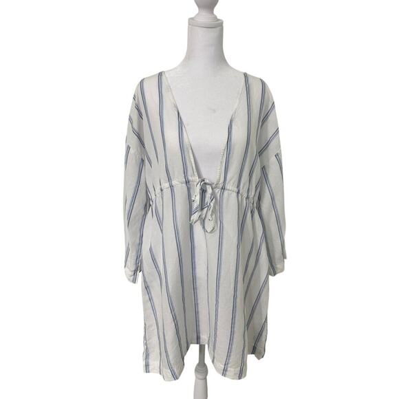 j crew Dresses & Skirts - 🤍💙 J.Crew V-Neck Linen Cotton Tunic Coverup Dress Size L Striped Chic ✨